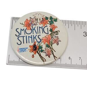 Vintage American Cancer Society Smoking Stinks Anti Smoking Pin Button Flowers